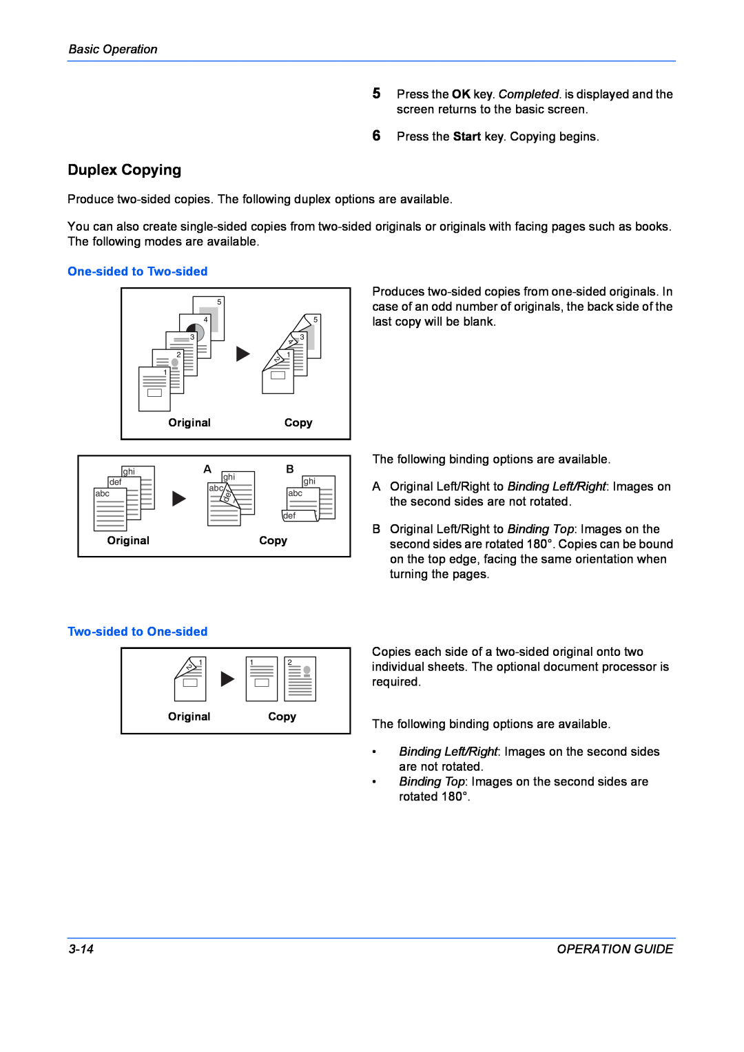 Kyocera FS-1028MFP Duplex Copying, Basic Operation, One-sided to Two-sided, Two-sided to One-sided, 3-14, Operation Guide 