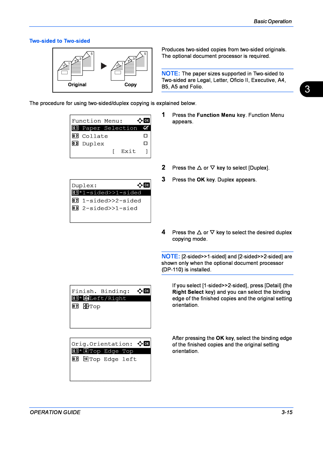 Kyocera FS-1128MFP Function Menu a b, Collate, Duplex, Exit, 2 1-sided2-sided 3 2-sided1-sied, Finish. Binding a b, 3-15 