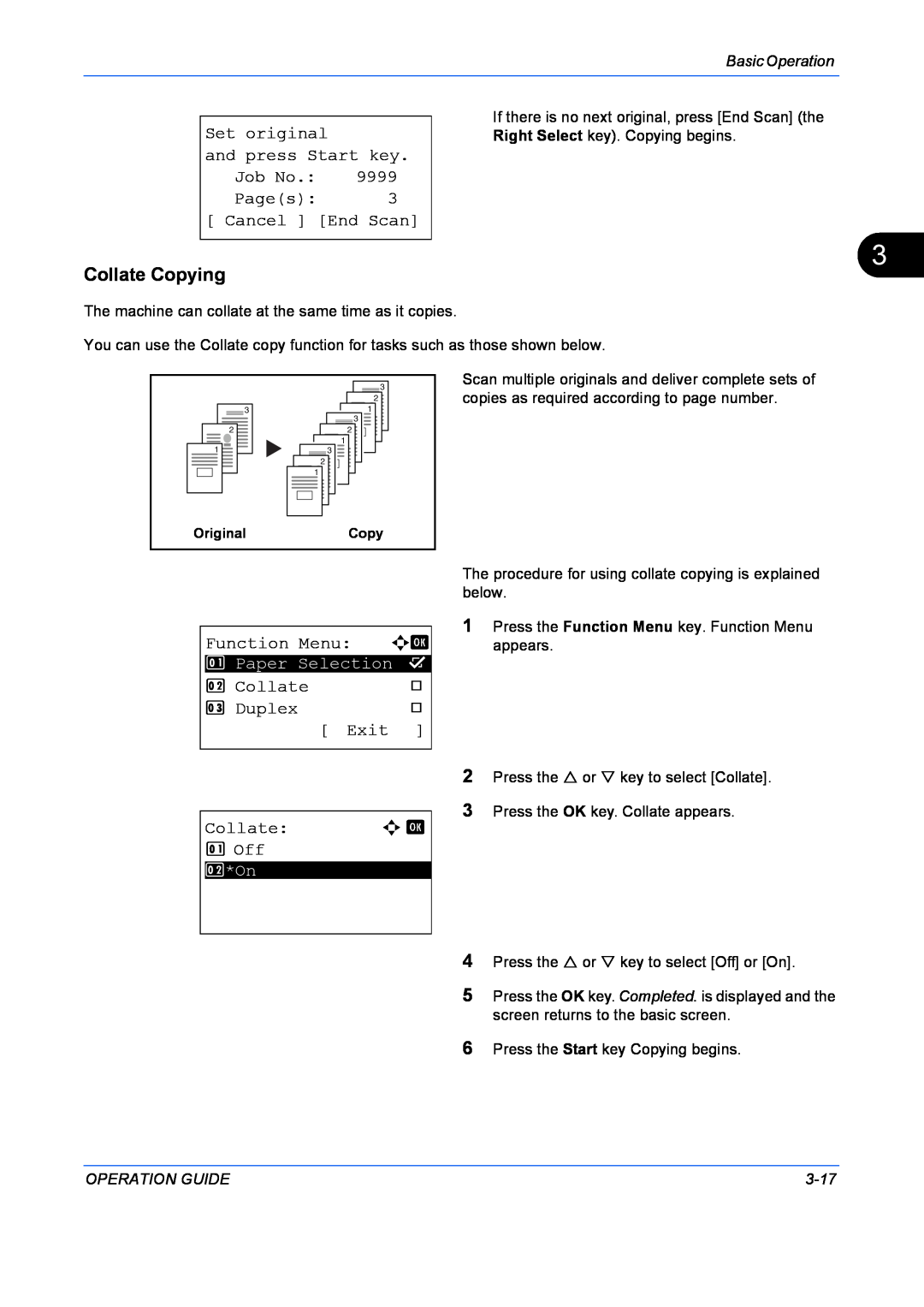 Kyocera FS-1128MFP Collate Copying, Set original and press Start key. Job No Pages 3 Cancel End Scan, Function Menu a b 