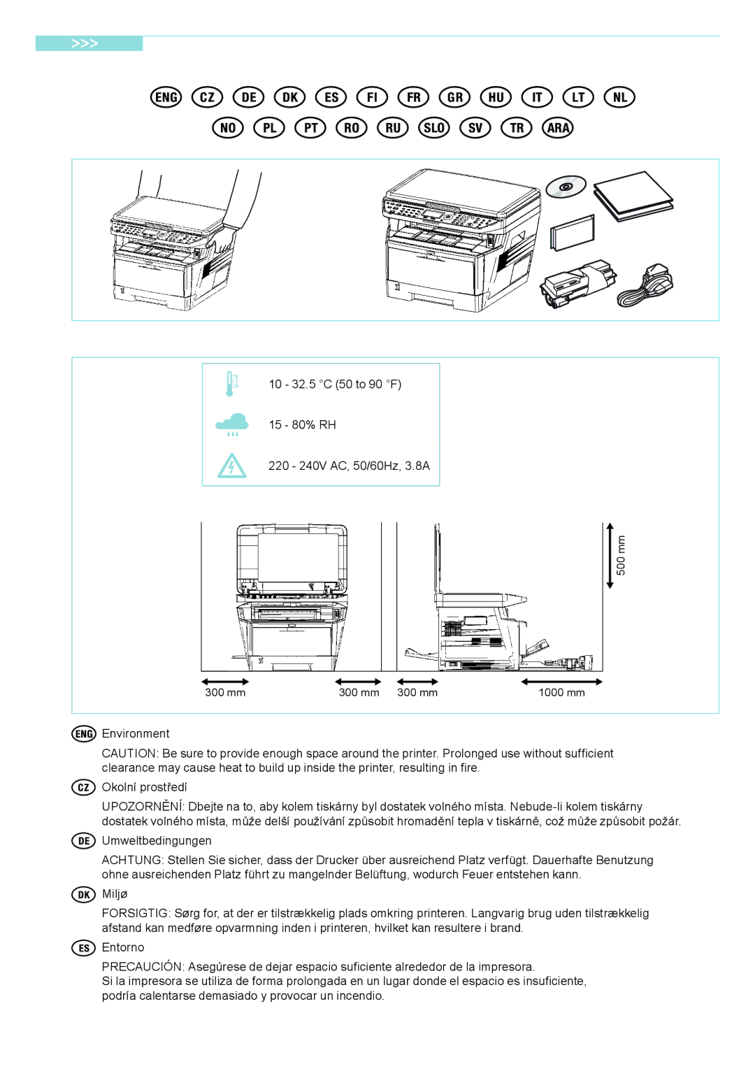 Kyocera FS-1028MFP, FS-1128MFP manual 10 32.5 C 50 to 90 F 15 80% RH 220 240V AC, 50/60Hz, 3.8A 