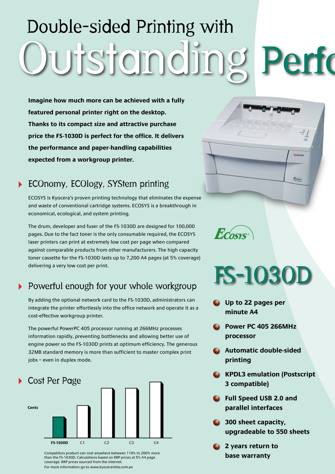 Kyocera FS-1030D manual Outstanding Perfo, Double-sided Printing with, ECOnomy, ECOlogy, SYStem printing, Cost Per Page 