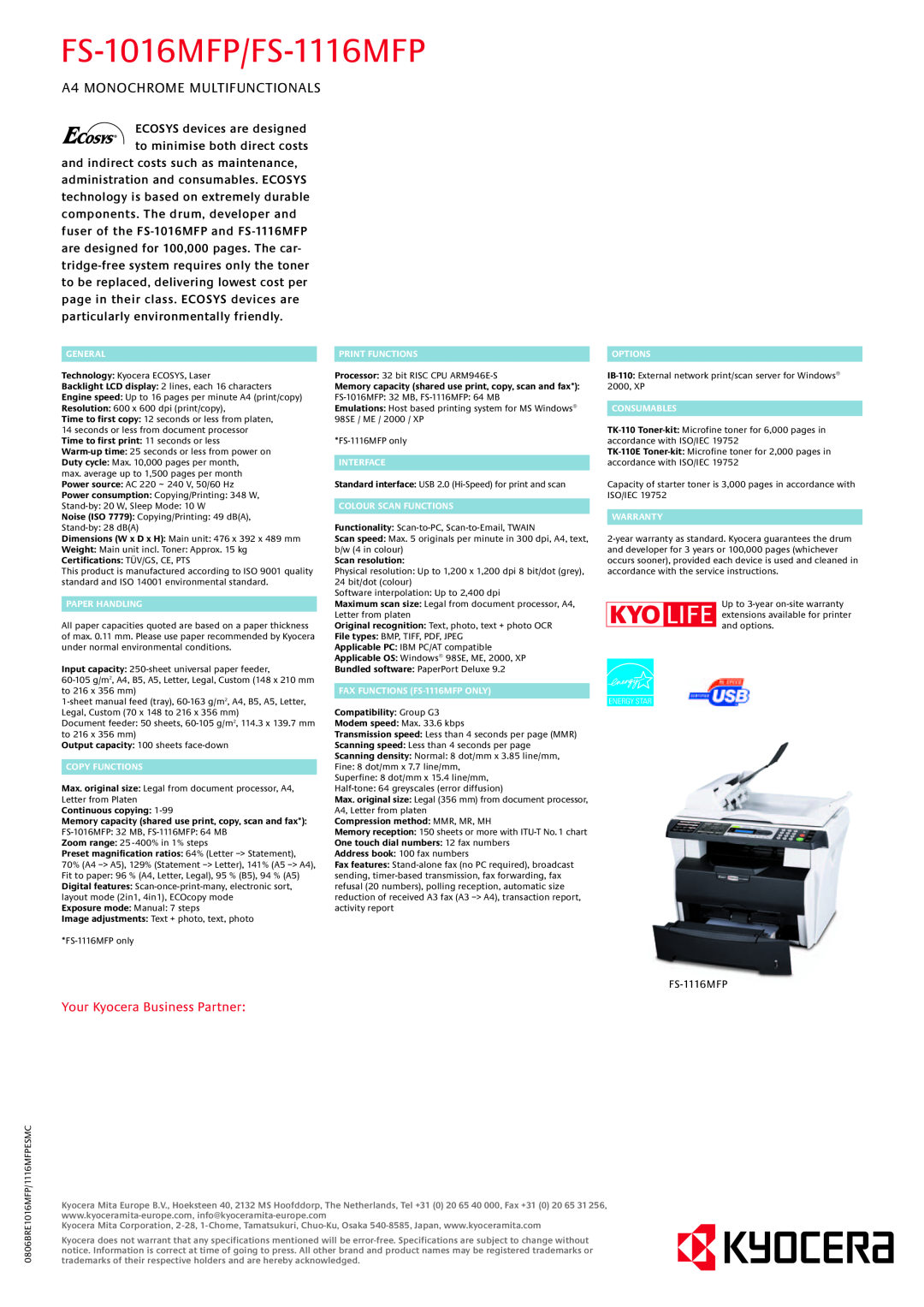 Kyocera manual FS-1016MFP/FS-1116MFP, A4 MONOCHROME MULTIFUNCTIONALS, Your Kyocera Business Partner 