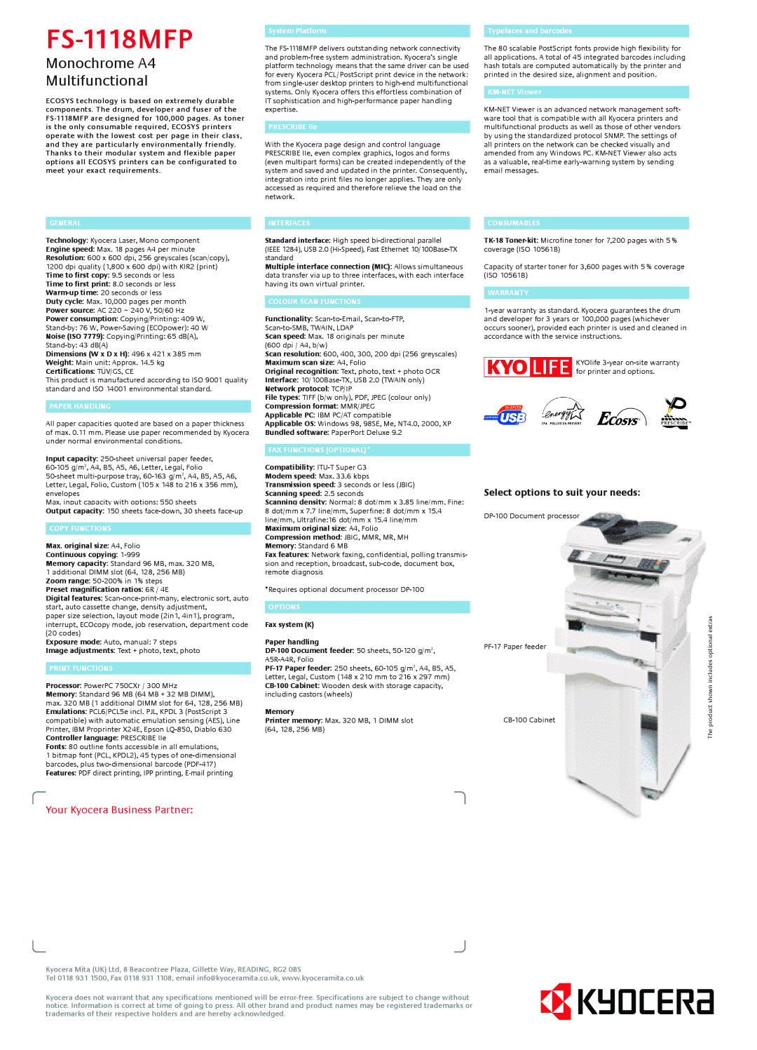 Kyocera FS-1118MFP manual Monochrome A4 Multifunctional, Your Kyocera Business Partner, Select options to suit your needs 