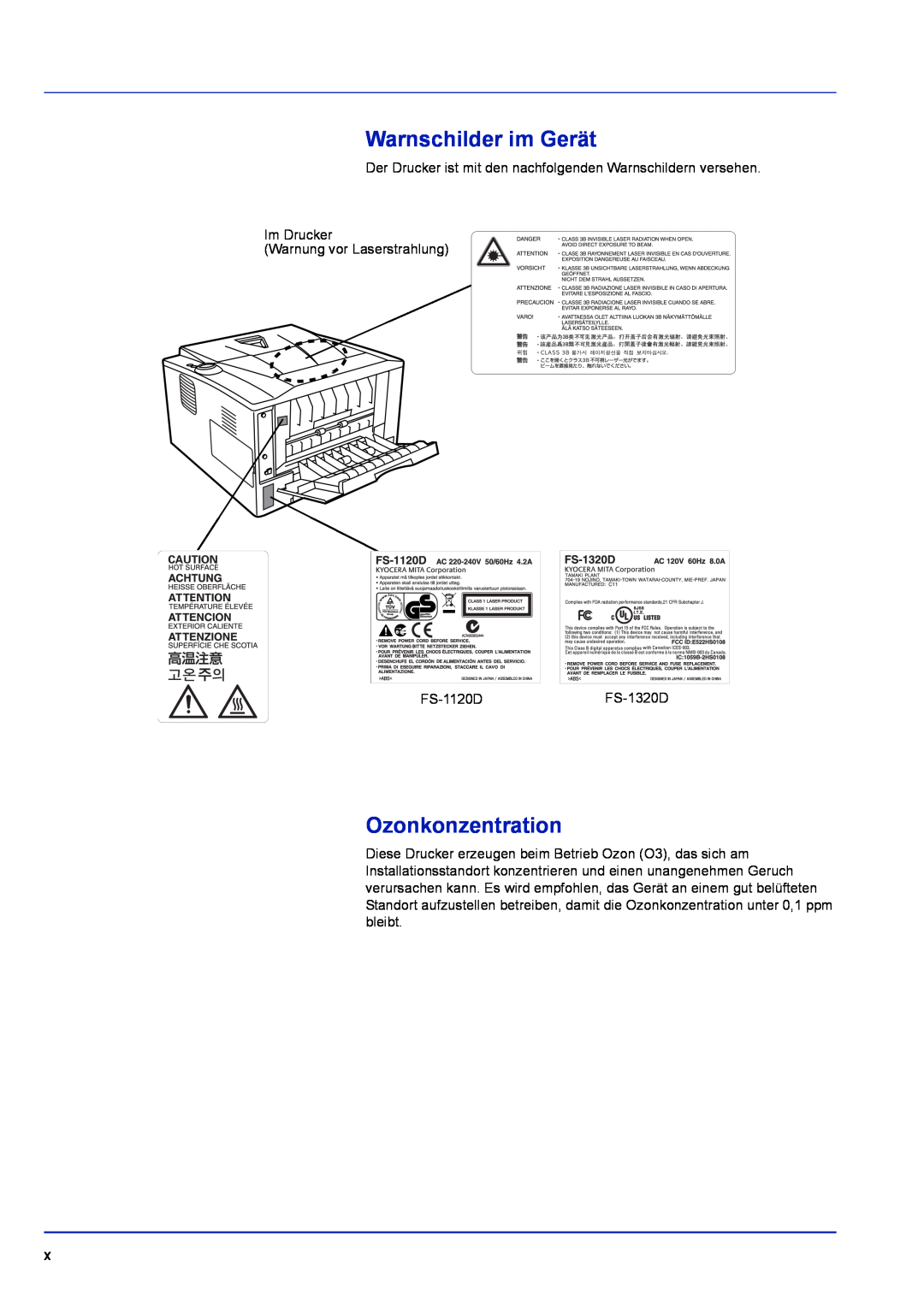 Kyocera FS-1120D, FS-1320D manual Warnschilder im Gerät, Ozonkonzentration 