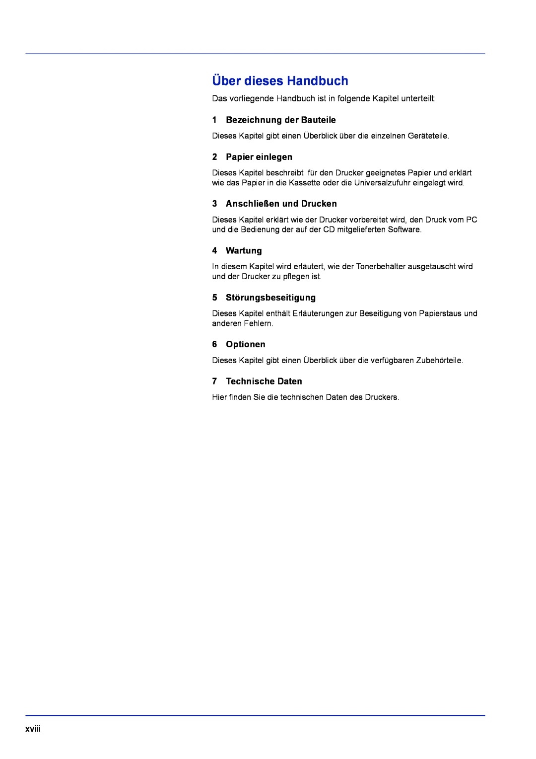 Kyocera FS-1120D manual Über dieses Handbuch, Bezeichnung der Bauteile, Papier einlegen, Anschließen und Drucken, Wartung 