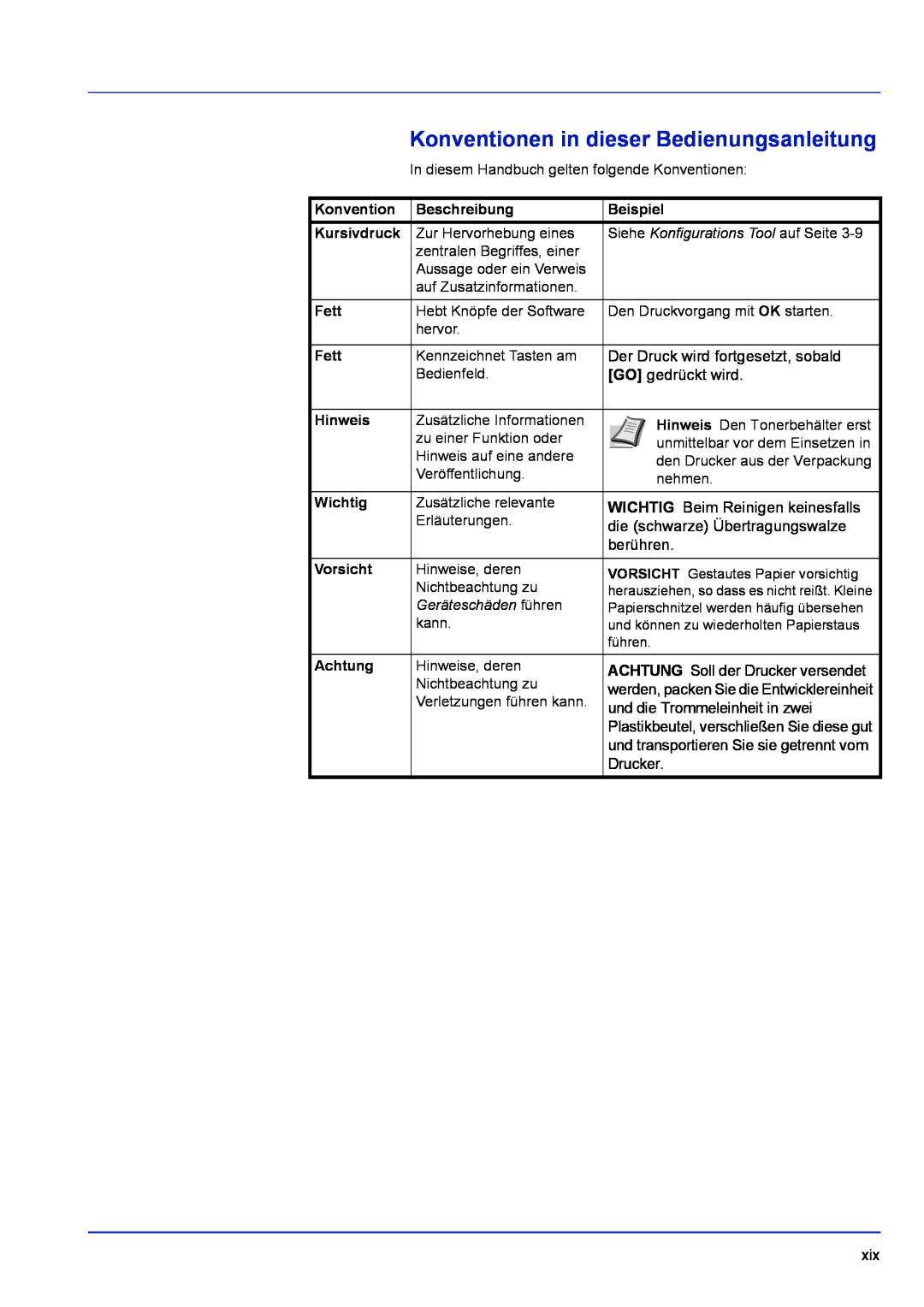 Kyocera FS-1320D Konventionen in dieser Bedienungsanleitung, Beschreibung, Beispiel, Kursivdruck, Fett, Hinweis, Wichtig 