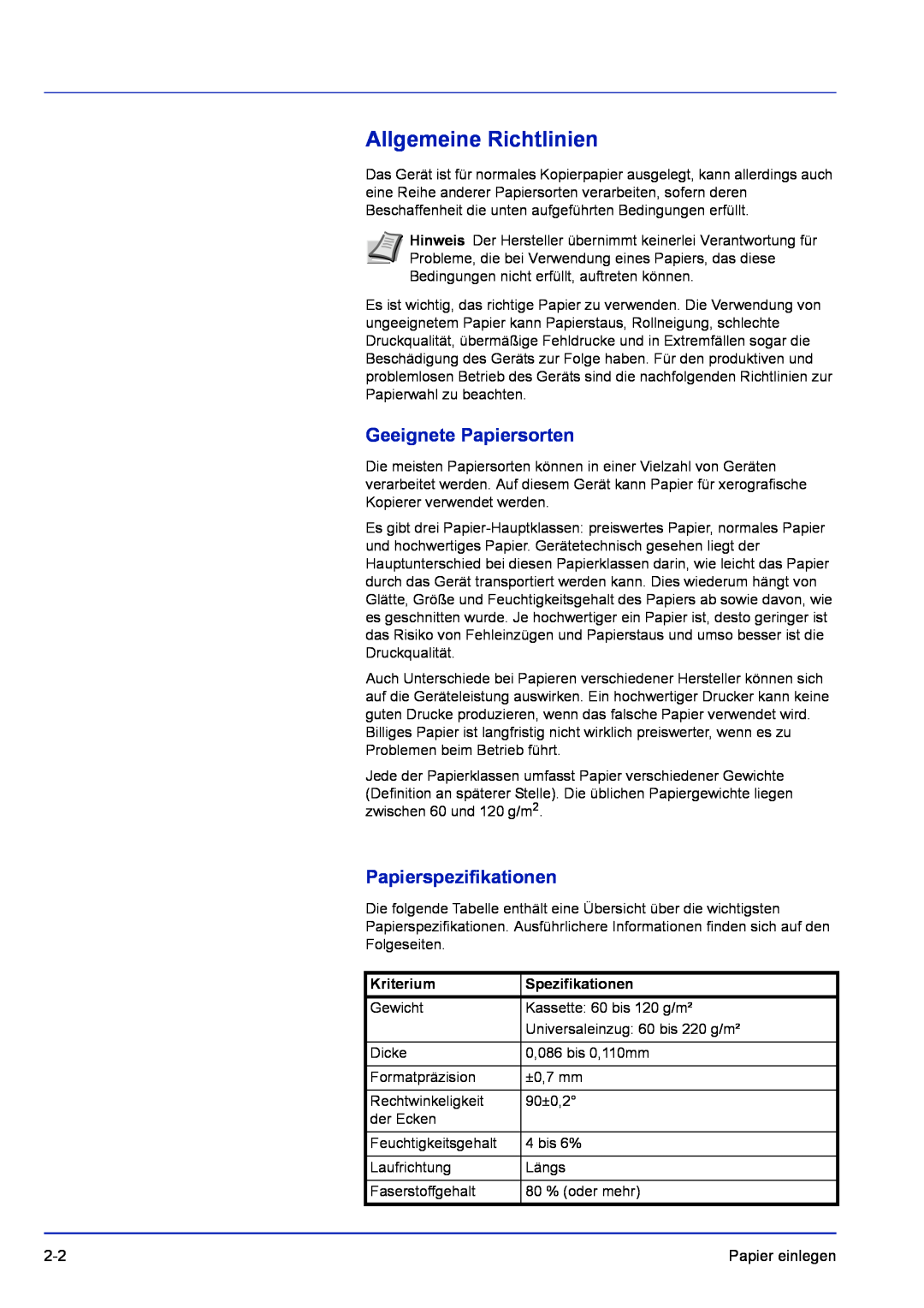 Kyocera FS-1120D manual Allgemeine Richtlinien, Geeignete Papiersorten, Papierspezifikationen, Kriterium, Spezifikationen 