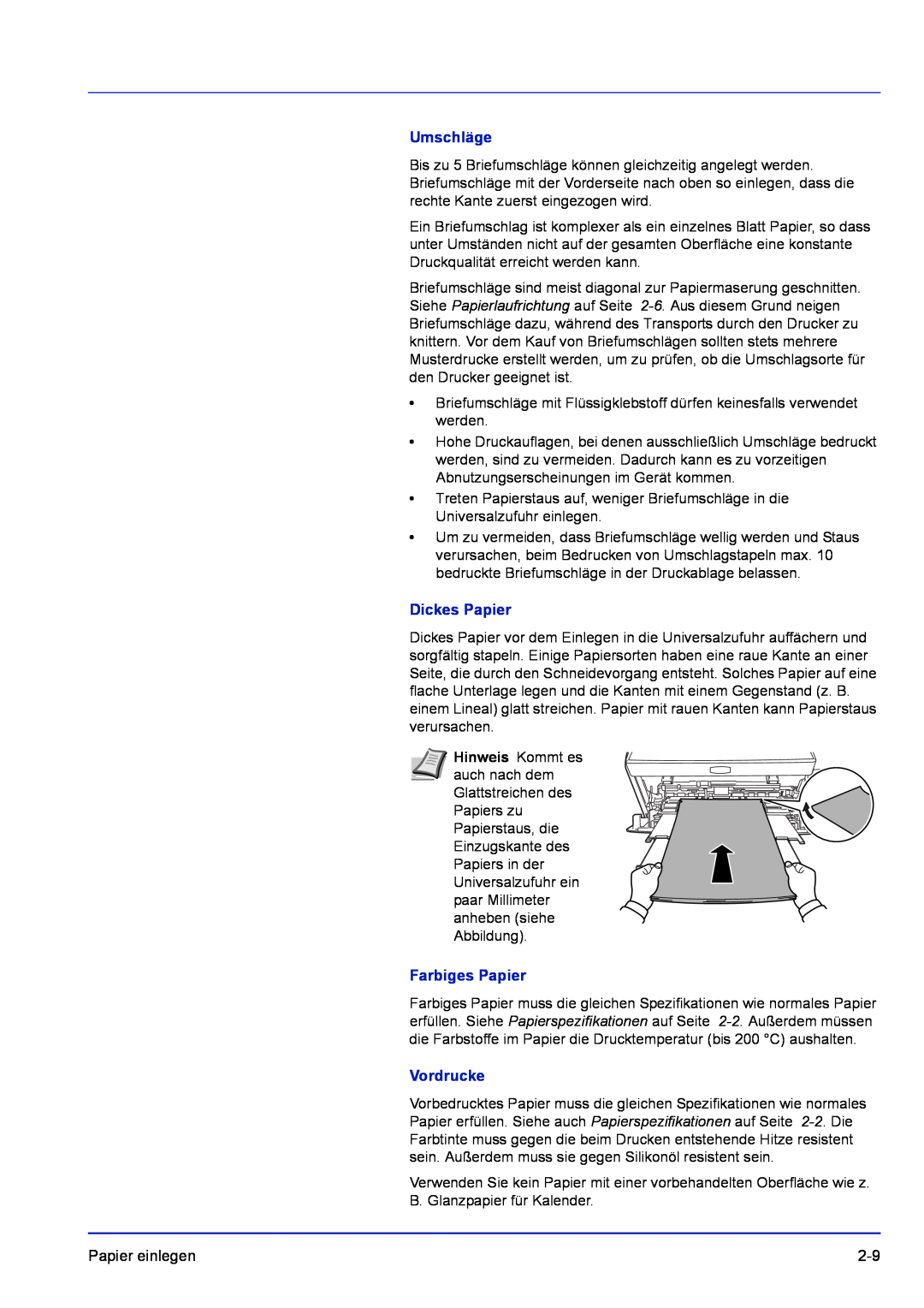 Kyocera FS-1320D, FS-1120D manual Umschläge, Dickes Papier, Farbiges Papier, Vordrucke 