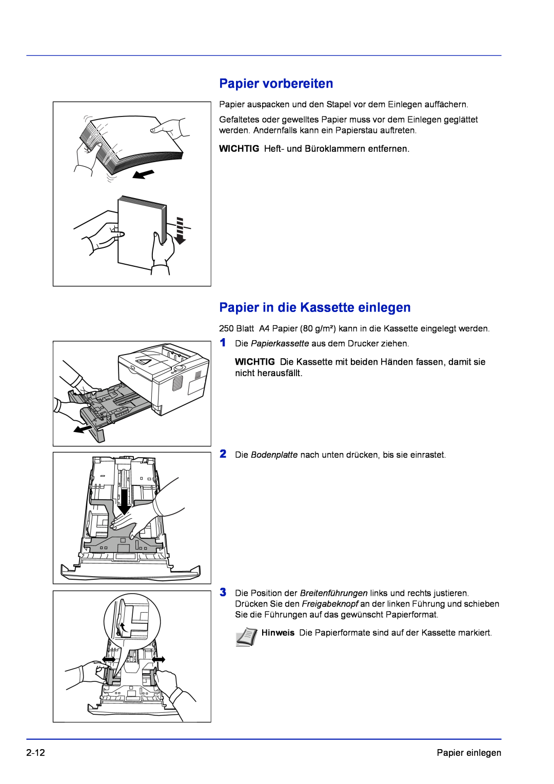 Kyocera FS-1120D, FS-1320D manual Papier vorbereiten, Papier in die Kassette einlegen 