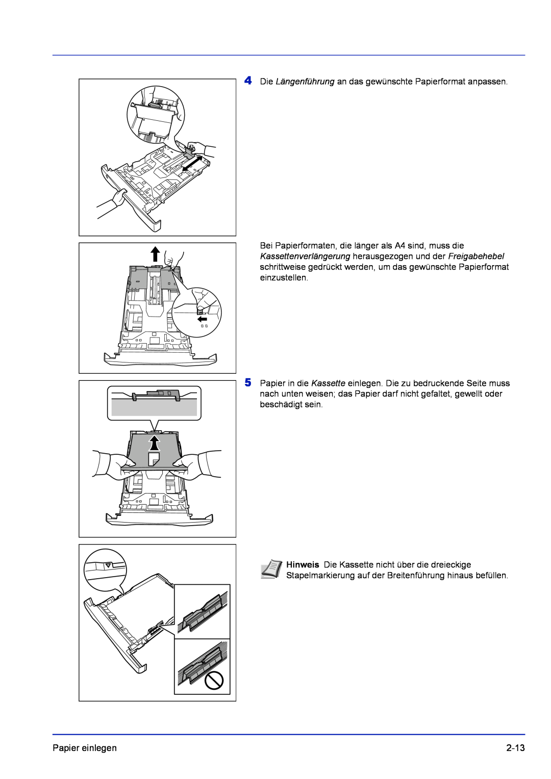 Kyocera FS-1320D, FS-1120D manual Die Längenführung an das gewünschte Papierformat anpassen, Papier einlegen, 2-13 