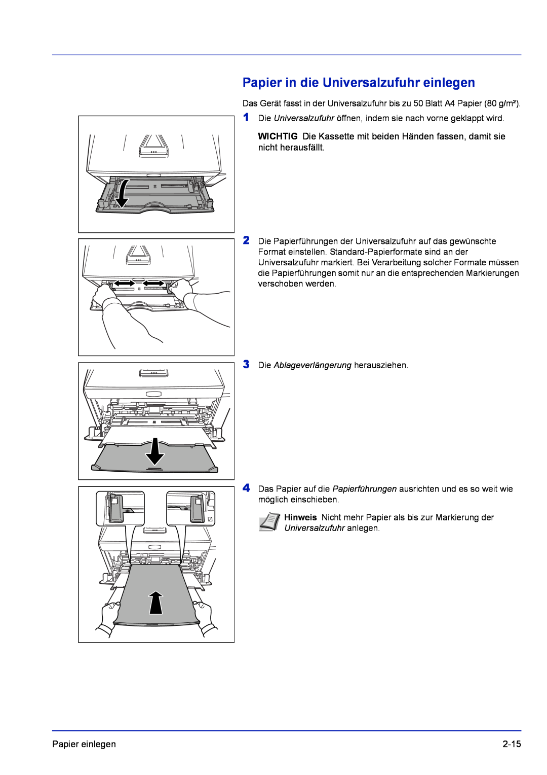 Kyocera FS-1320D, FS-1120D manual Papier in die Universalzufuhr einlegen, Die Ablageverlängerung herausziehen 
