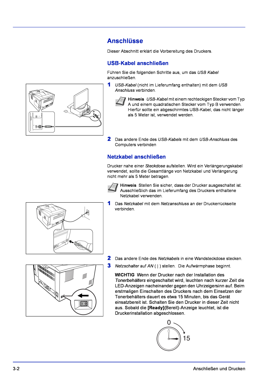 Kyocera FS-1120D, FS-1320D manual Anschlüsse, USB-Kabel anschließen, Netzkabel anschließen 