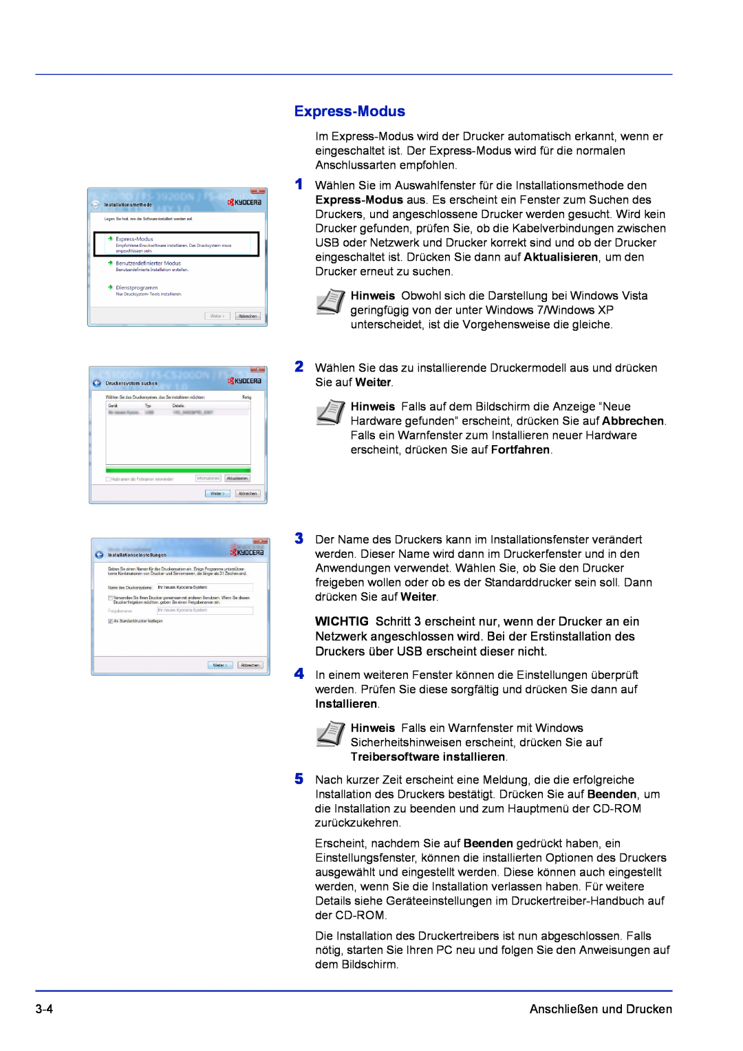 Kyocera FS-1120D, FS-1320D manual Express-Modus, Treibersoftware installieren 