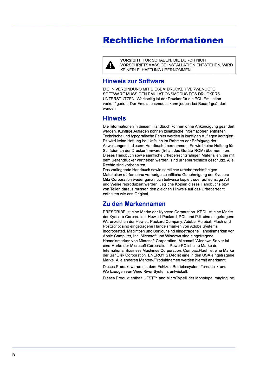 Kyocera FS-1120D, FS-1320D manual Rechtliche Informationen, Hinweis zur Software, Zu den Markennamen 
