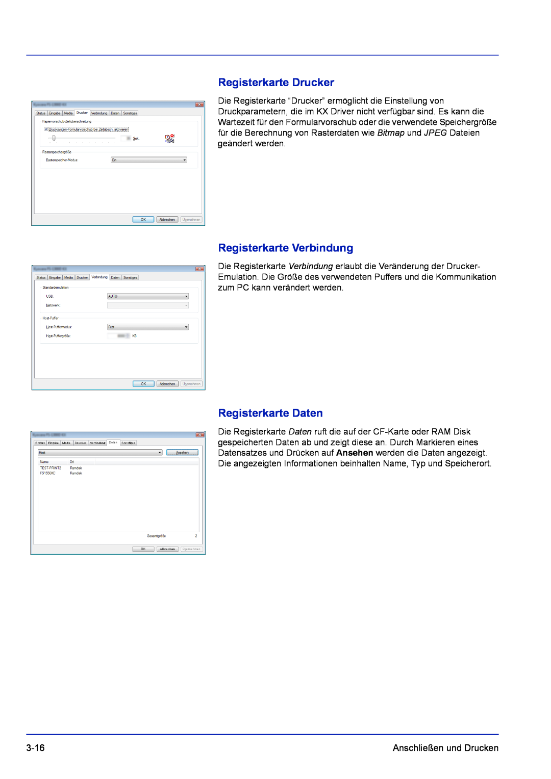 Kyocera FS-1120D, FS-1320D manual Registerkarte Drucker, Registerkarte Verbindung, Registerkarte Daten 