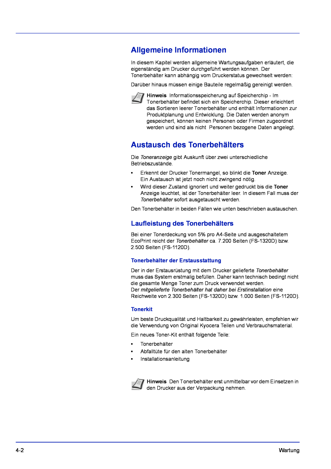 Kyocera FS-1120D, FS-1320D manual Allgemeine Informationen, Austausch des Tonerbehälters, Laufleistung des Tonerbehälters 