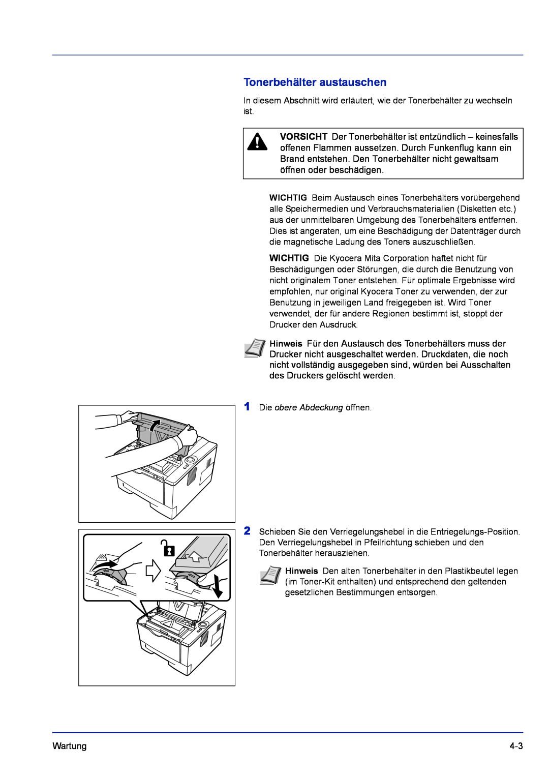 Kyocera FS-1320D, FS-1120D manual Tonerbehälter austauschen, Die obere Abdeckung öffnen 