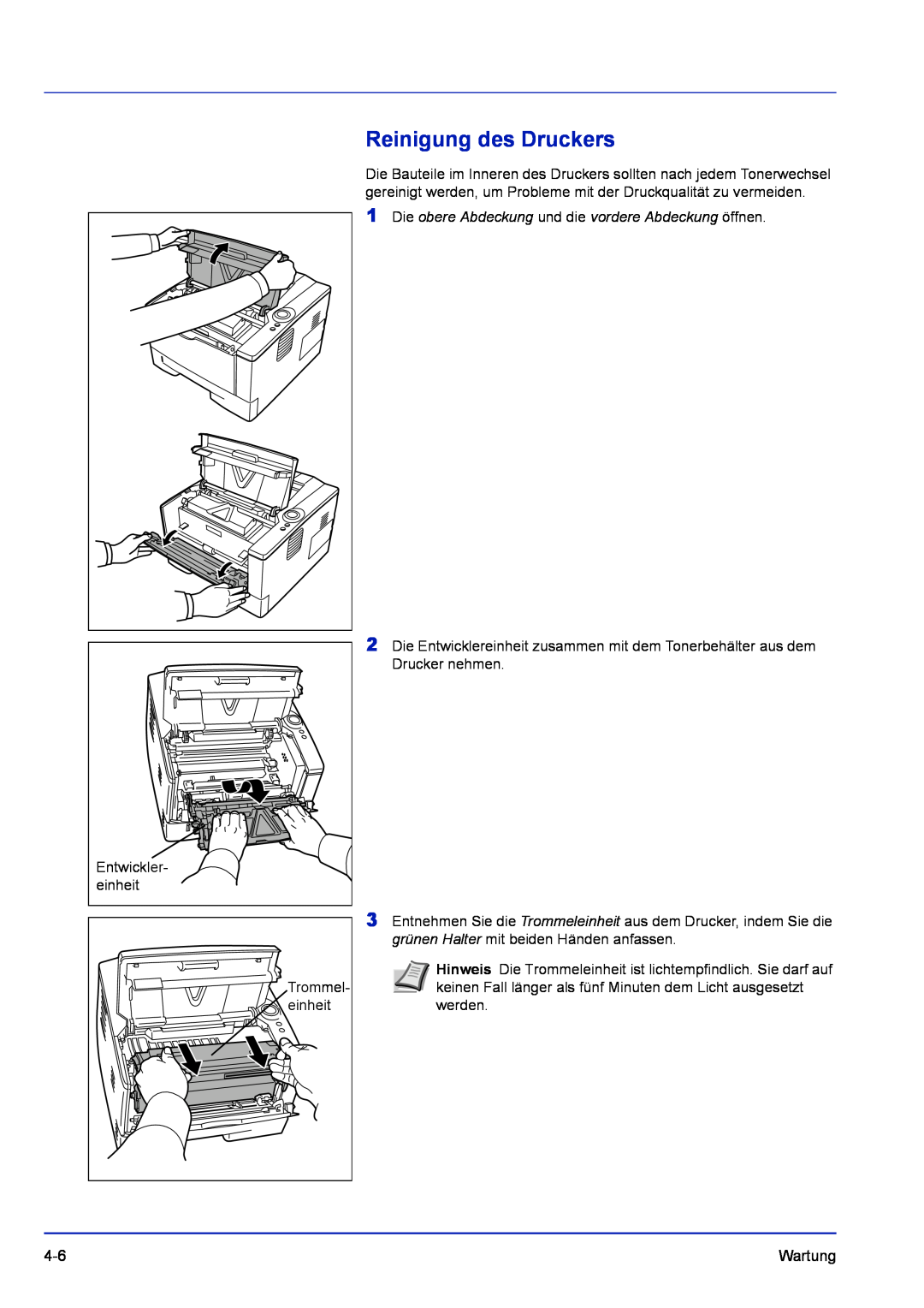 Kyocera FS-1120D, FS-1320D manual Reinigung des Druckers, Die obere Abdeckung und die vordere Abdeckung öffnen 