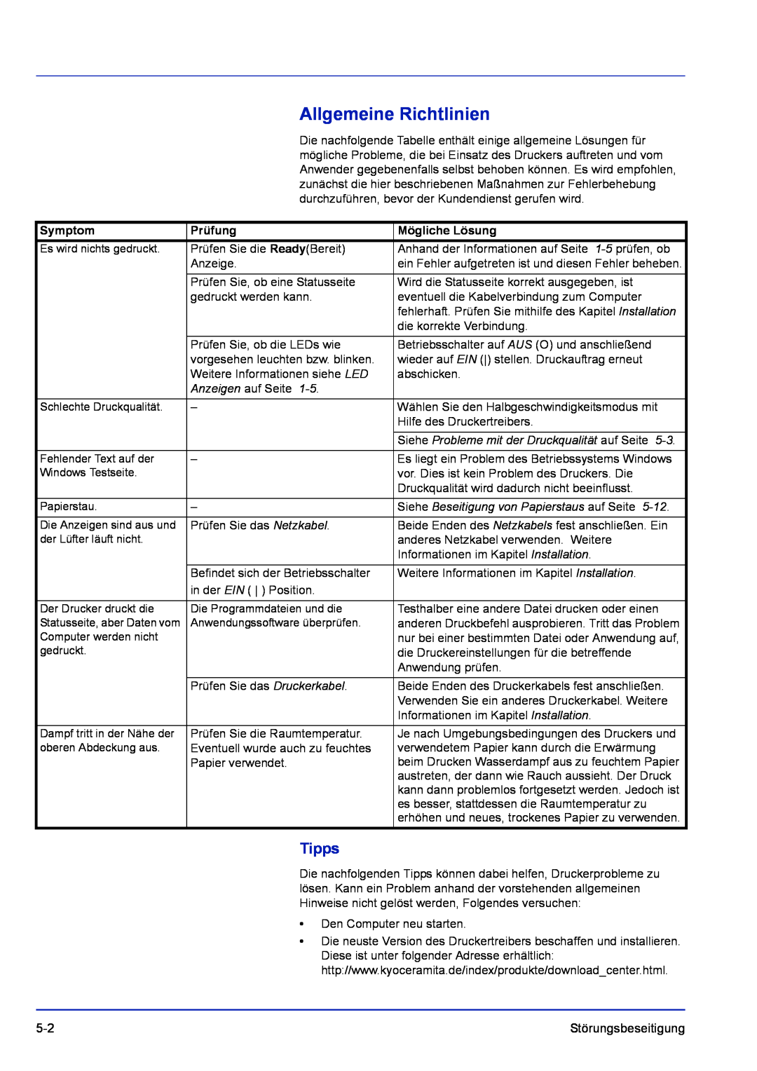 Kyocera FS-1120D Tipps, Symptom, Prüfung, Mögliche Lösung, Anzeigen auf Seite, Siehe Beseitigung von Papierstaus auf Seite 