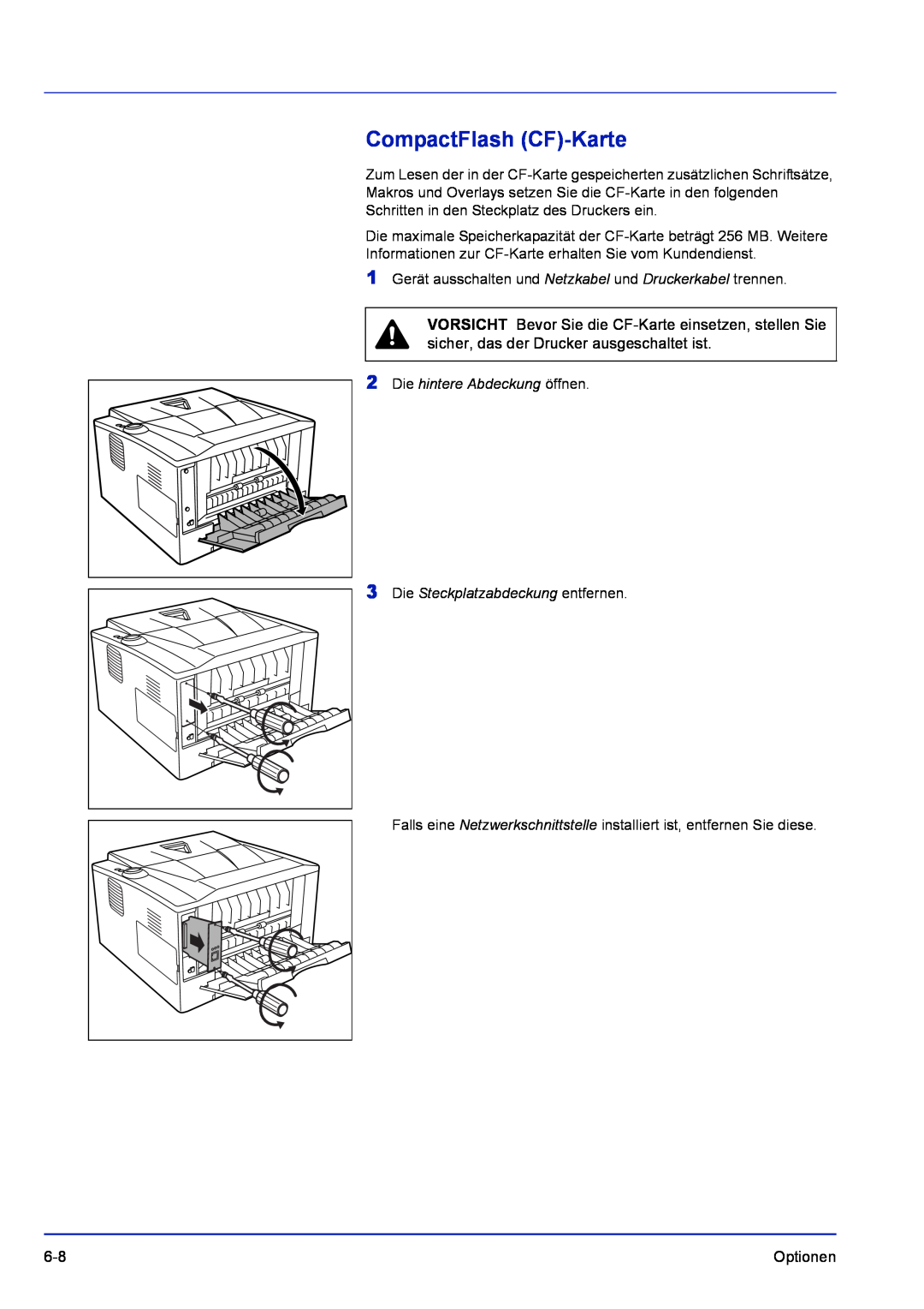 Kyocera FS-1120D, FS-1320D manual CompactFlash CF-Karte, Die hintere Abdeckung öffnen Die Steckplatzabdeckung entfernen 