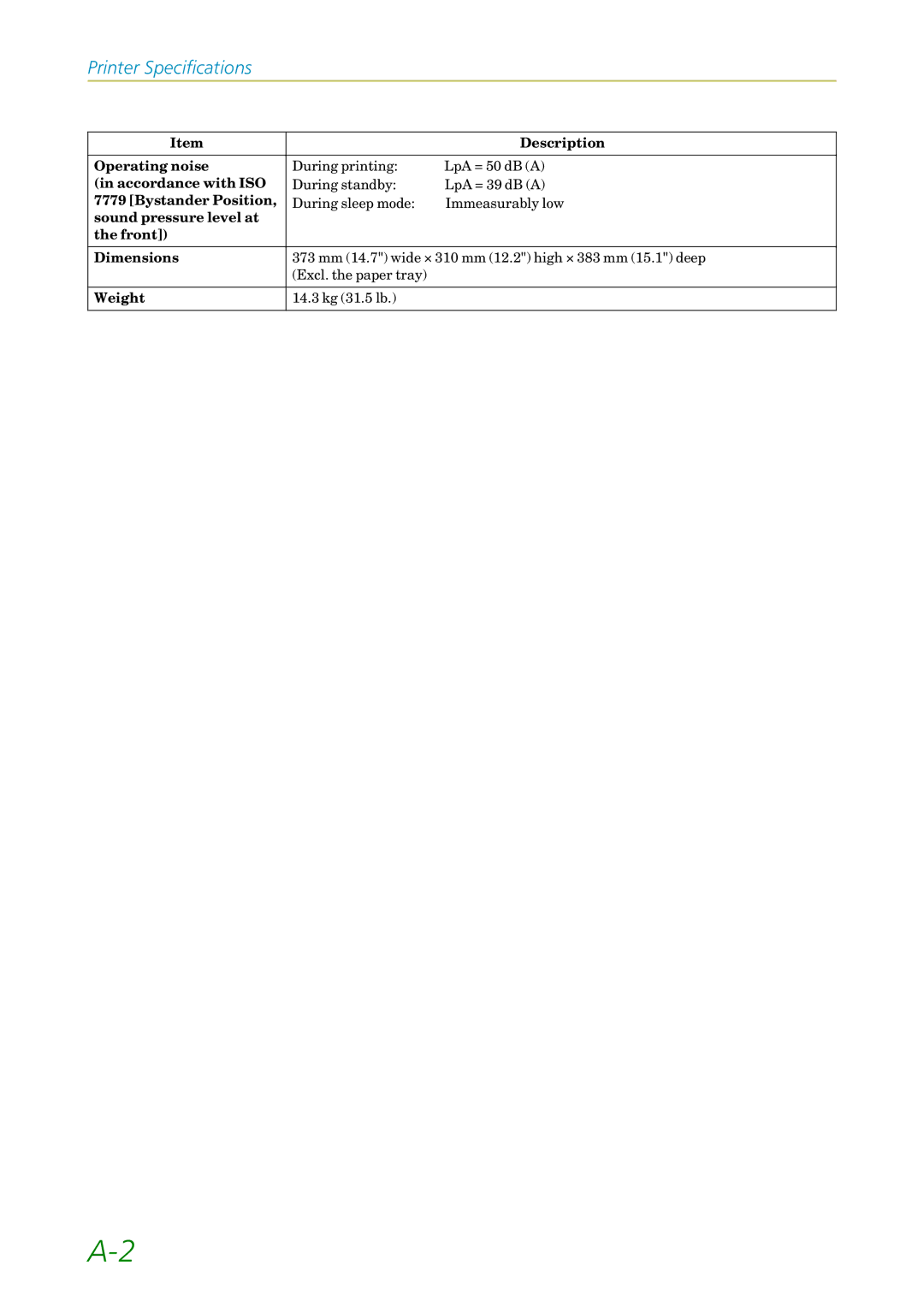 Kyocera FS-1200 manual Printer Specifications 