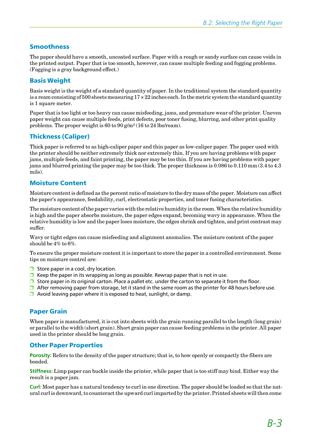 Kyocera FS-1200 manual Smoothness, Basis Weight, Thickness Caliper, Moisture Content, Paper Grain, Other Paper Properties 