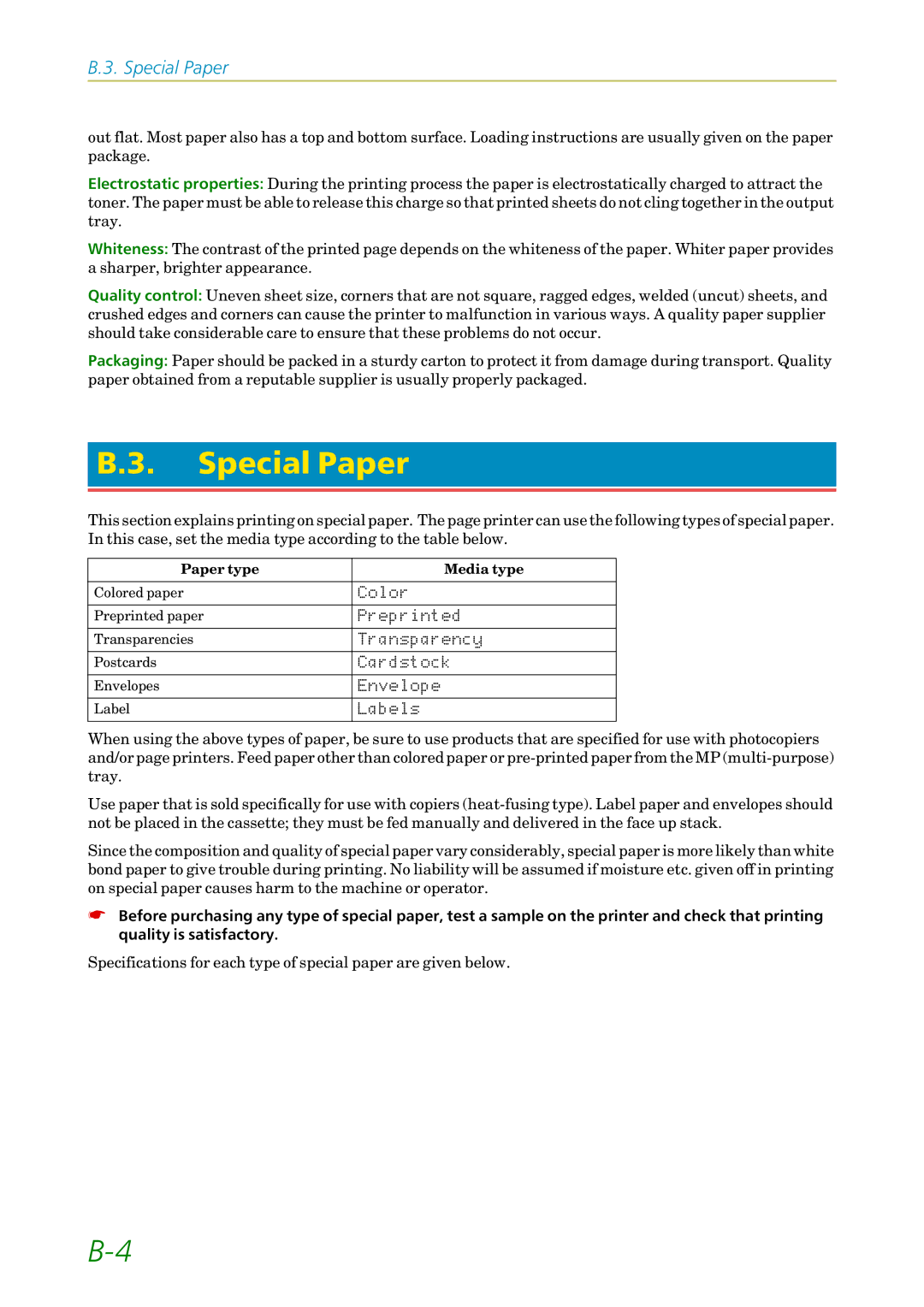 Kyocera FS-1200 manual Special Paper, Paper type Media type 