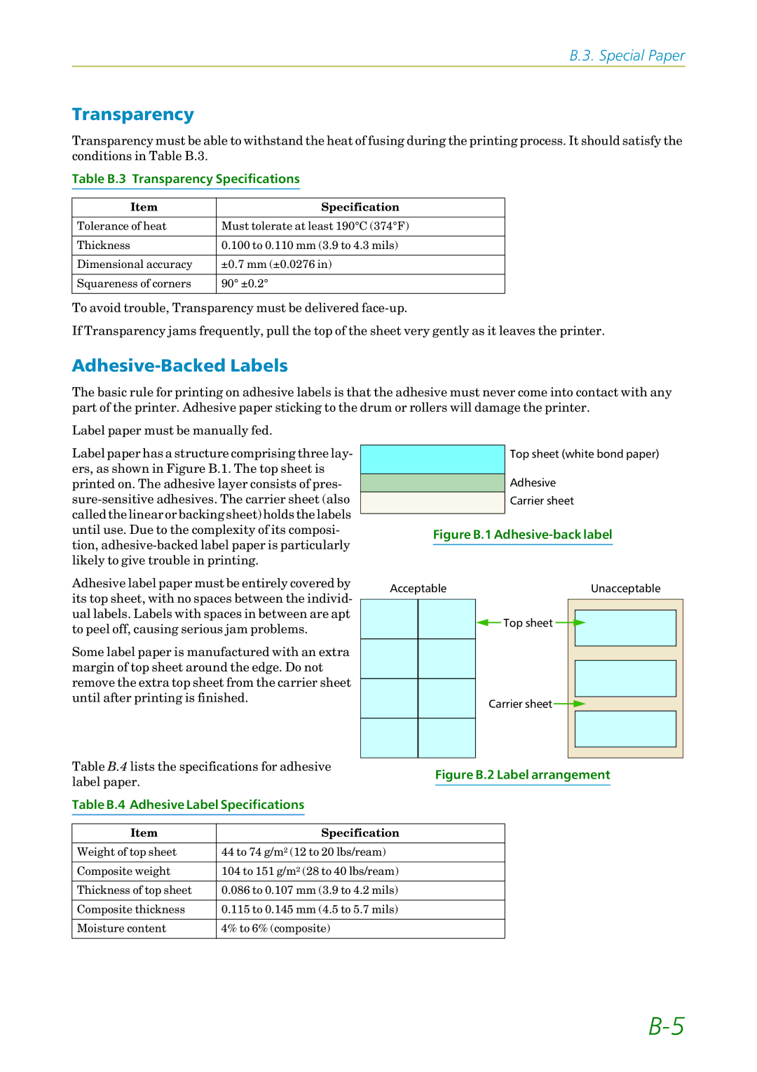 Kyocera FS-1200 Adhesive-Backed Labels, Table B.3 Transparency Specifications, Table B.4 Adhesive Label Specifications 