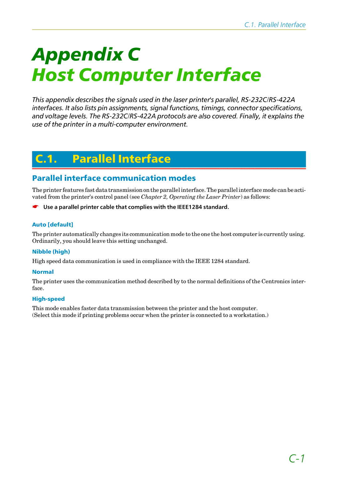 Kyocera FS-1200 manual Parallel Interface, Parallel interface communication modes 