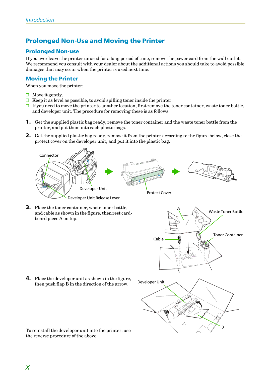 Kyocera FS-1200 manual Prolonged Non-Use and Moving the Printer, Prolonged Non-use 