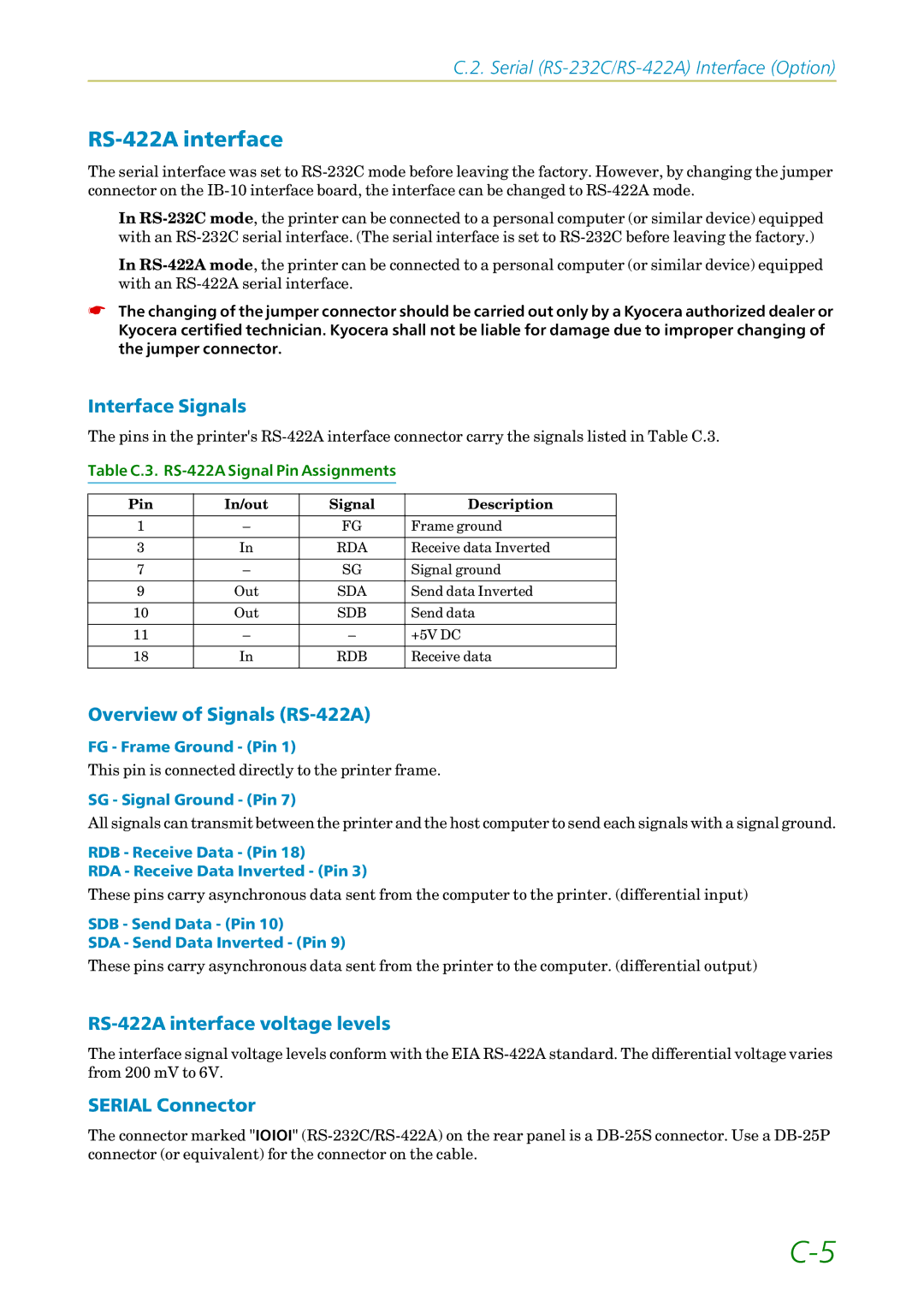 Kyocera FS-1200 manual Overview of Signals RS-422A, RS-422A interface voltage levels, Serial Connector 