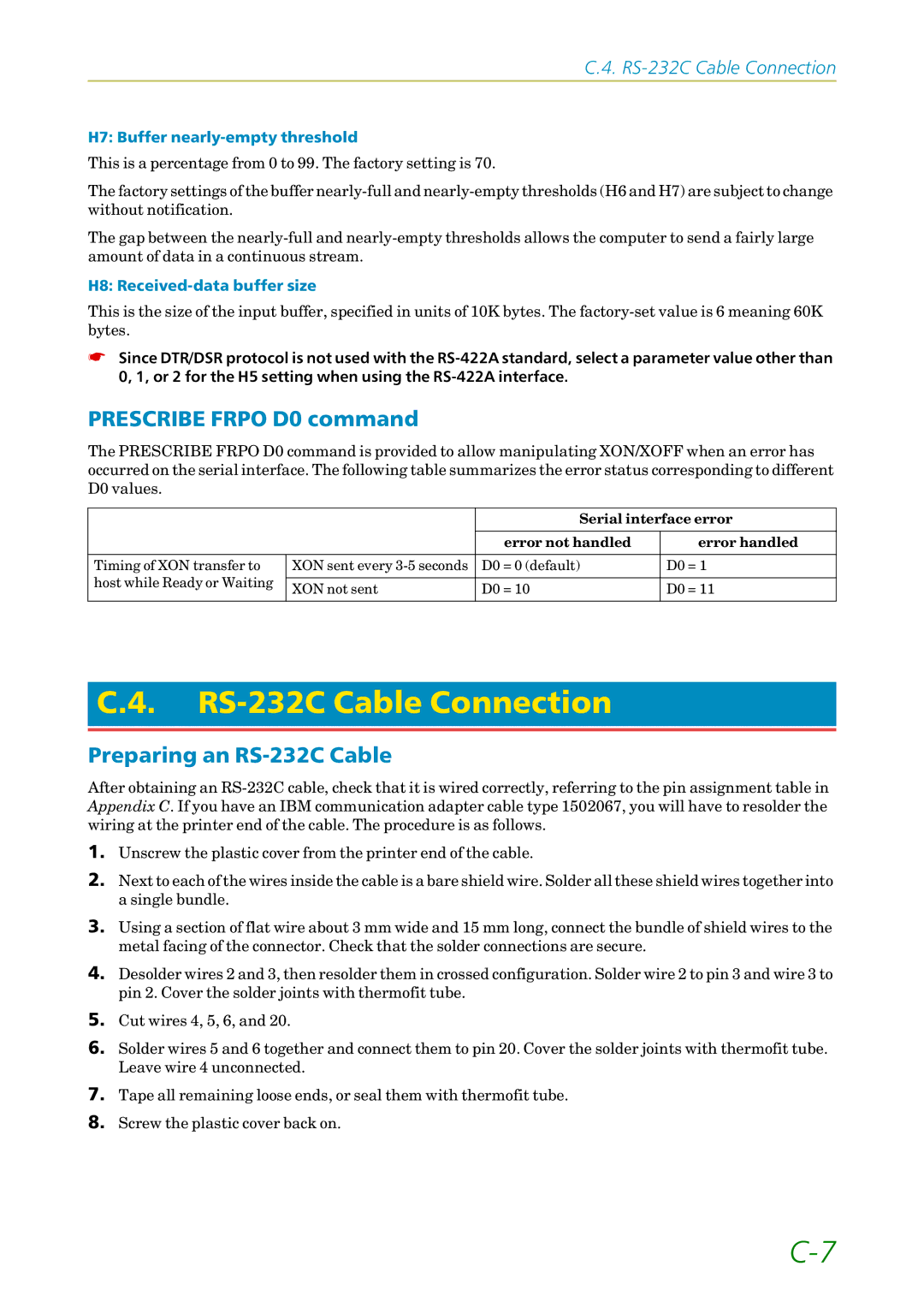 Kyocera FS-1200 manual RS-232C Cable Connection, Prescribe Frpo D0 command, Preparing an RS-232C Cable 