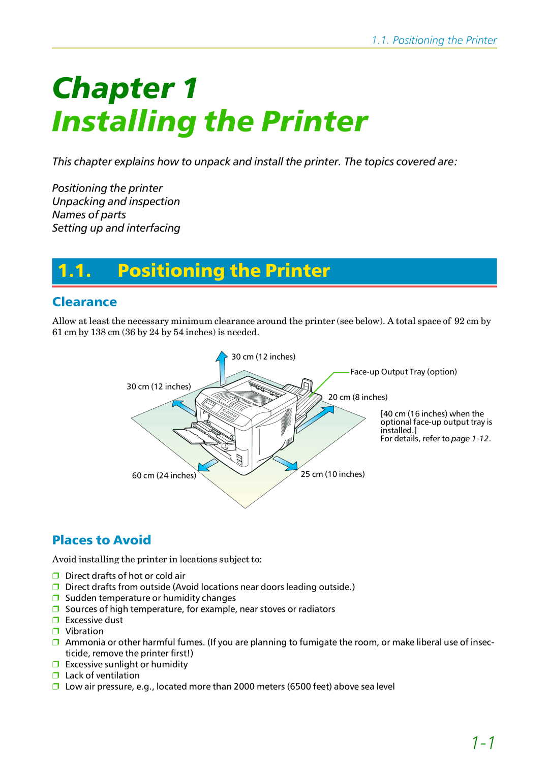 Kyocera FS-1200 manual Positioning the Printer, Clearance, Places to Avoid 