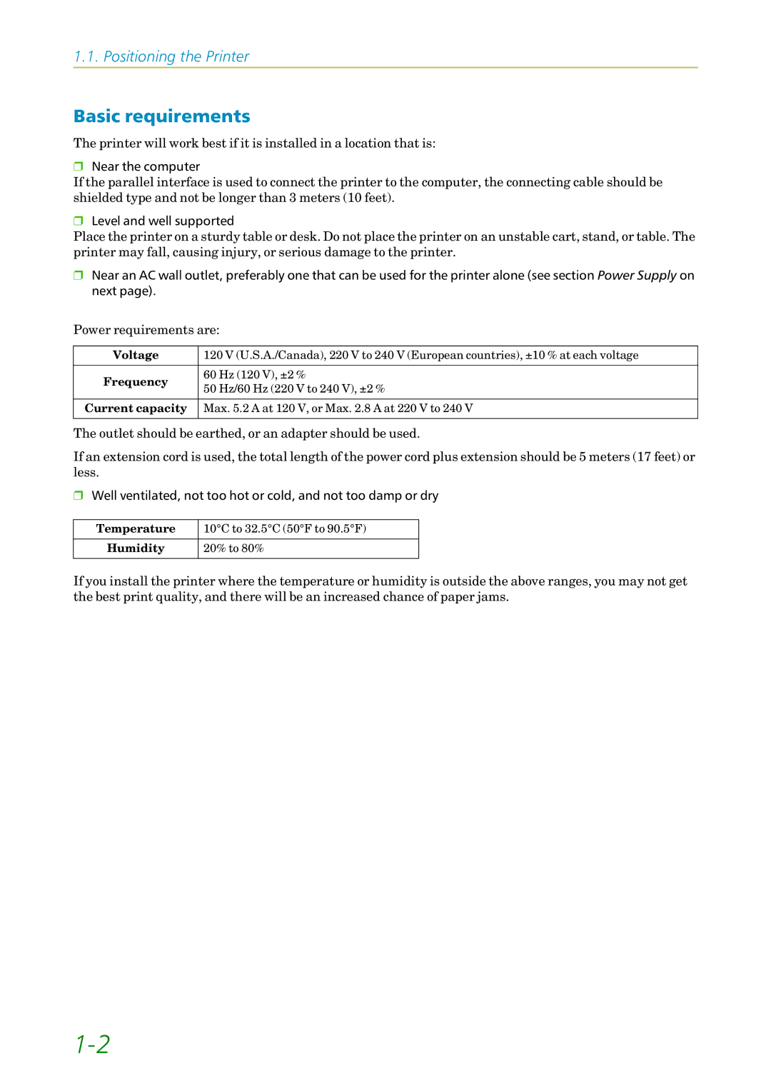 Kyocera FS-1200 manual Basic requirements, Voltage, Frequency, Current capacity 