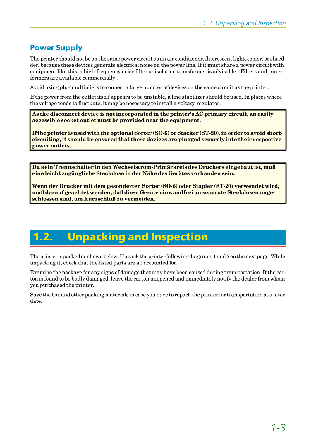 Kyocera FS-1200 manual Unpacking and Inspection, Power Supply 