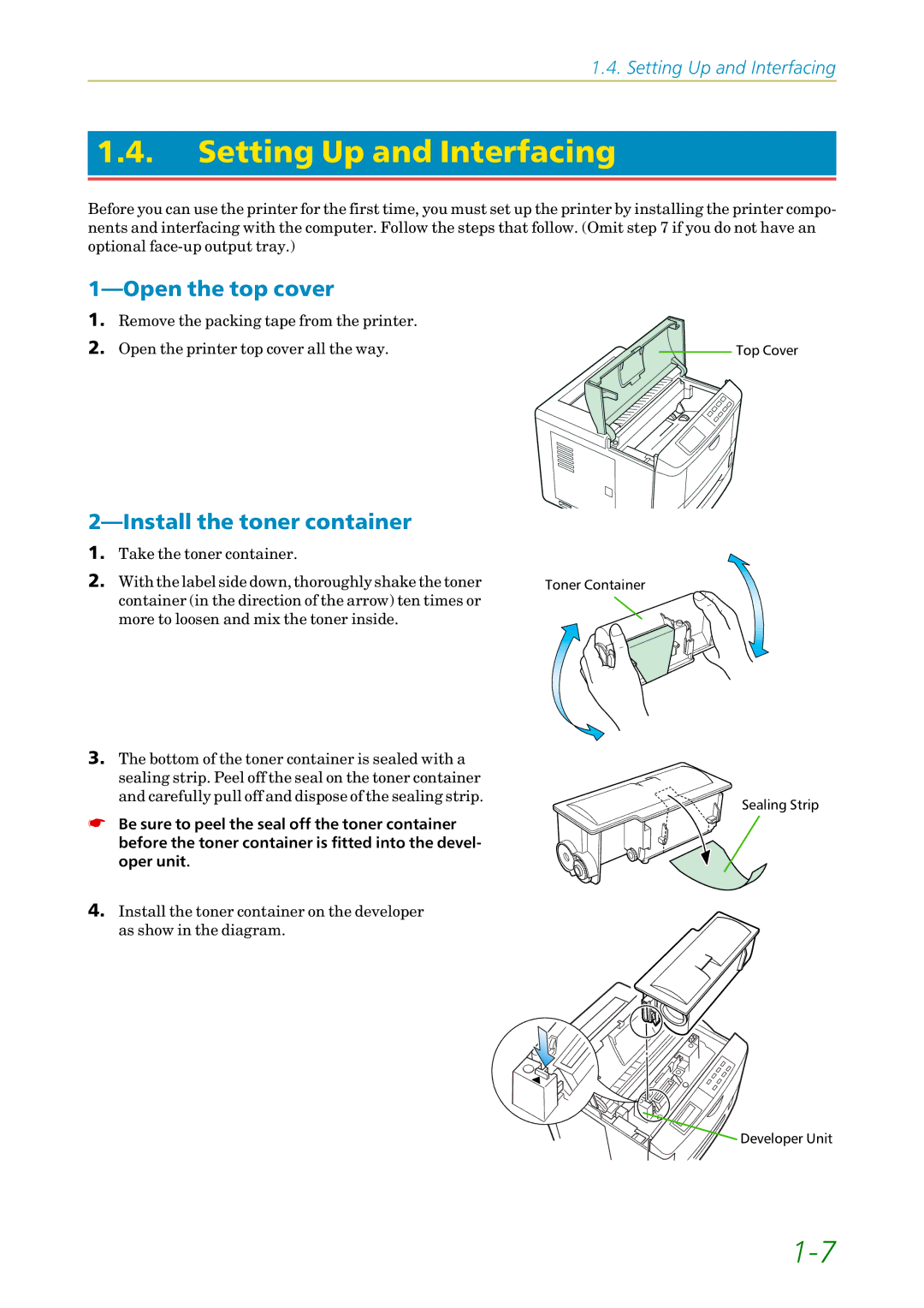 Kyocera FS-1200 manual Setting Up and Interfacing, Open the top cover, Install the toner container 