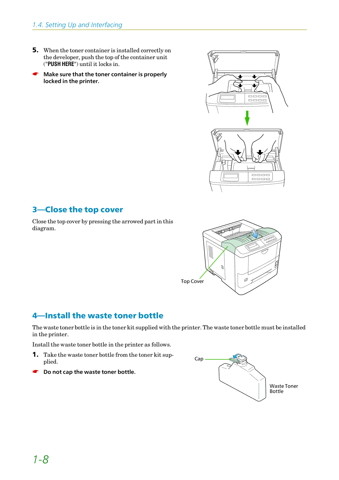 Kyocera FS-1200 manual Close the top cover, Install the waste toner bottle 