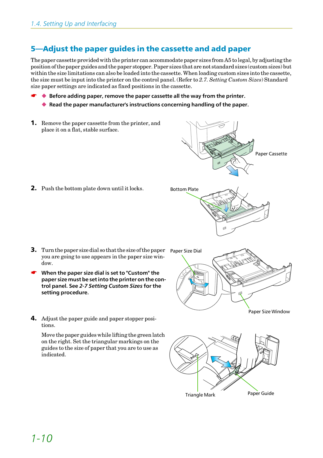 Kyocera FS-1200 manual Adjust the paper guides in the cassette and add paper 