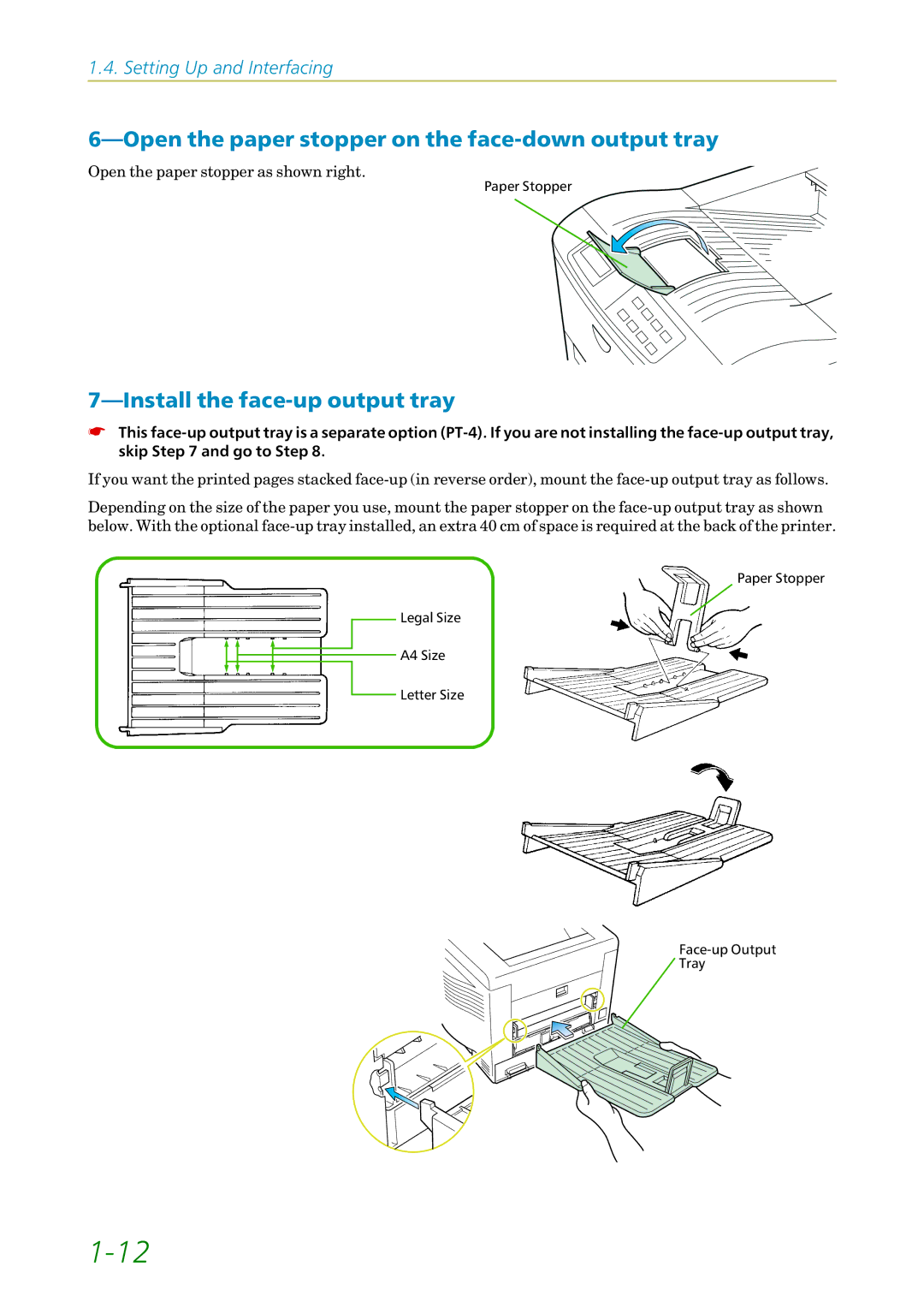 Kyocera FS-1200 manual Open the paper stopper on the face-down output tray, Install the face-up output tray 