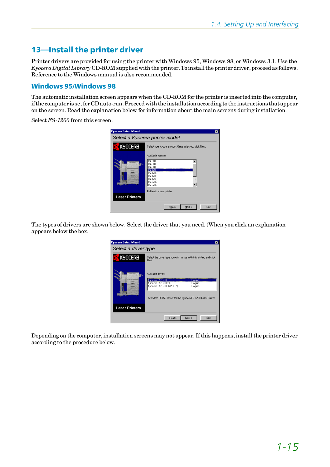 Kyocera FS-1200 manual Install the printer driver, Windows 95/Windows 