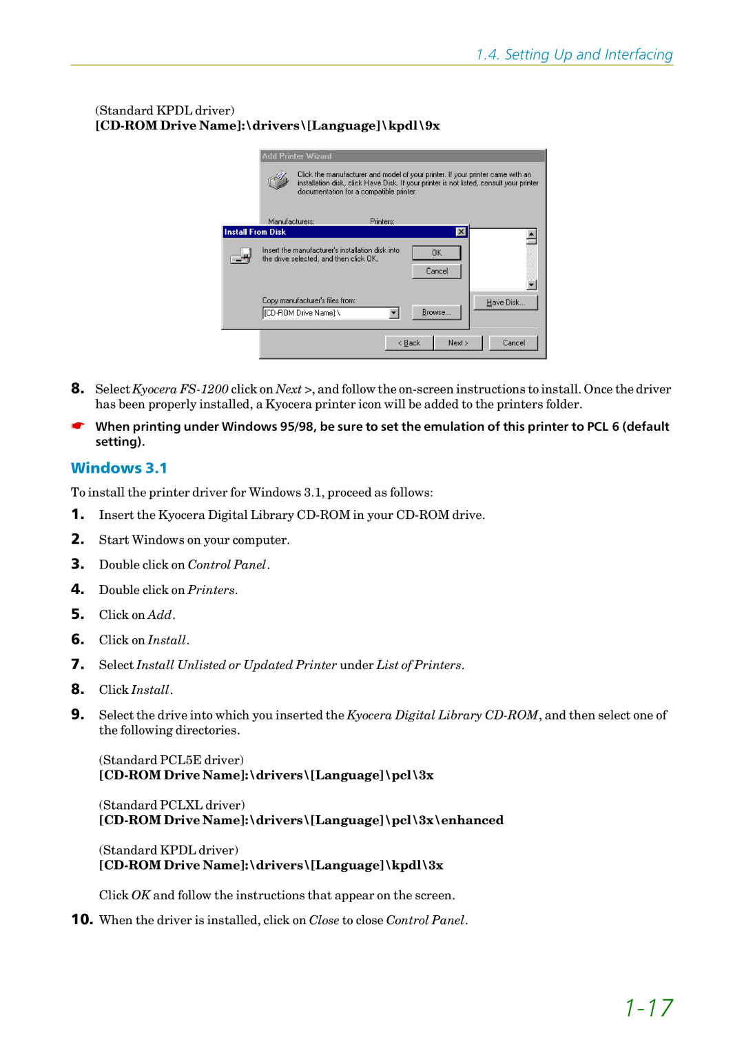 Kyocera FS-1200 manual Windows, CD-ROM Drive Name\drivers\Language\kpdl\9x 