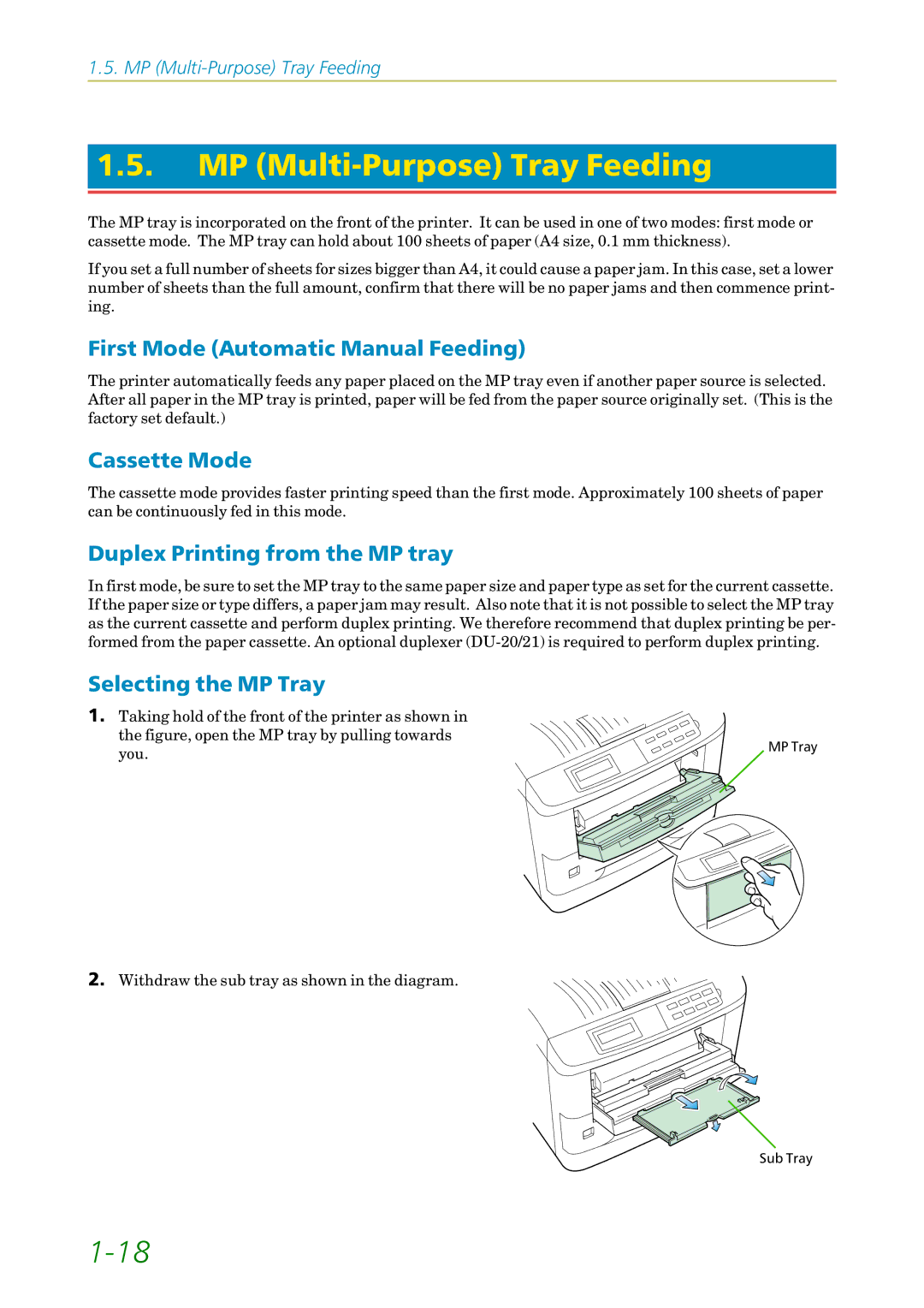 Kyocera FS-1200 MP Multi-Purpose Tray Feeding, First Mode Automatic Manual Feeding, Cassette Mode, Selecting the MP Tray 