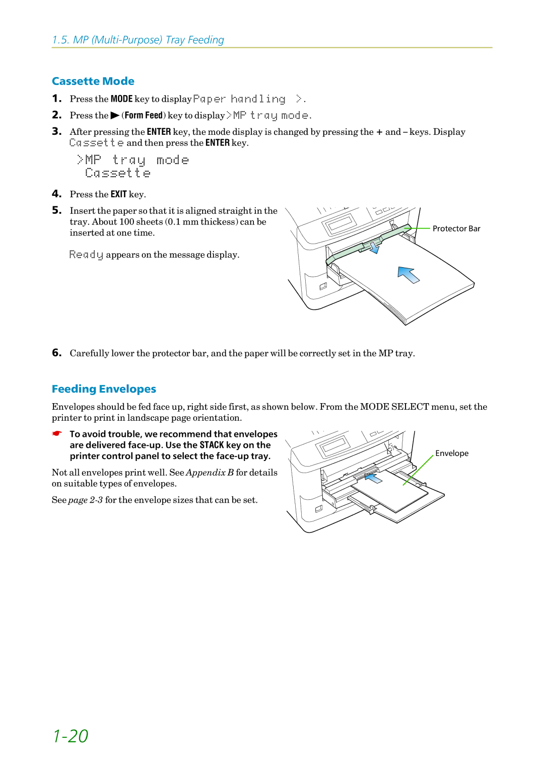 Kyocera FS-1200 manual Cassette Mode, Feeding Envelopes 