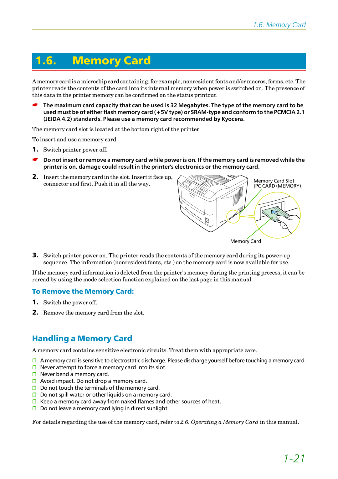 Kyocera FS-1200 manual Handling a Memory Card, To Remove the Memory Card 