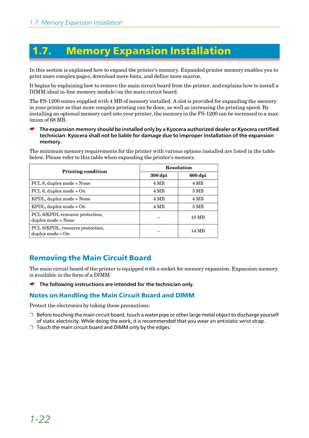 Kyocera FS-1200 manual Memory Expansion Installation, Removing the Main Circuit Board 