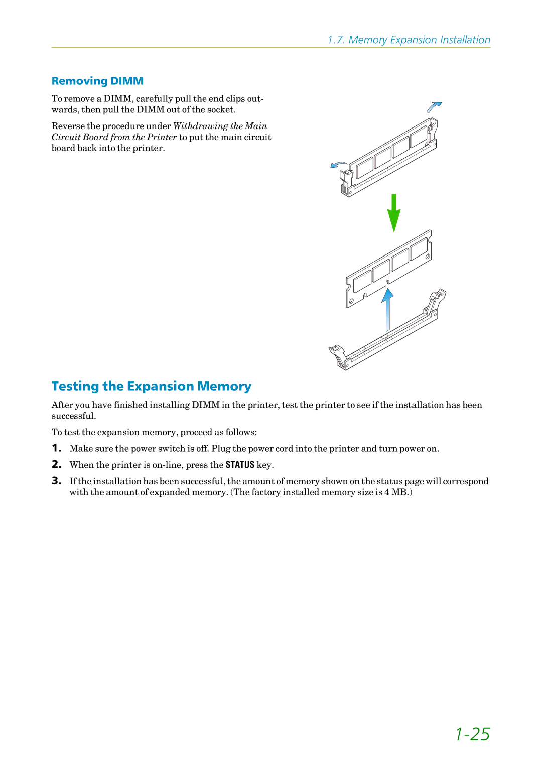 Kyocera FS-1200 manual Testing the Expansion Memory, Removing Dimm 