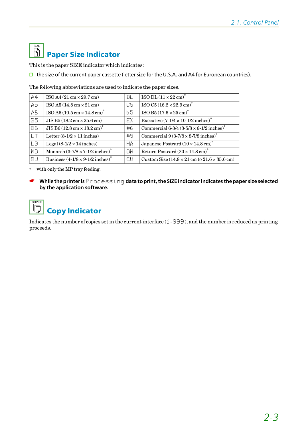 Kyocera FS-1200 manual Paper Size Indicator, Copy Indicator 