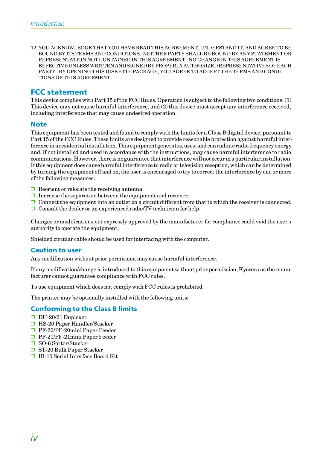 Kyocera FS-1200 manual FCC statement, Conforming to the Class B limits 