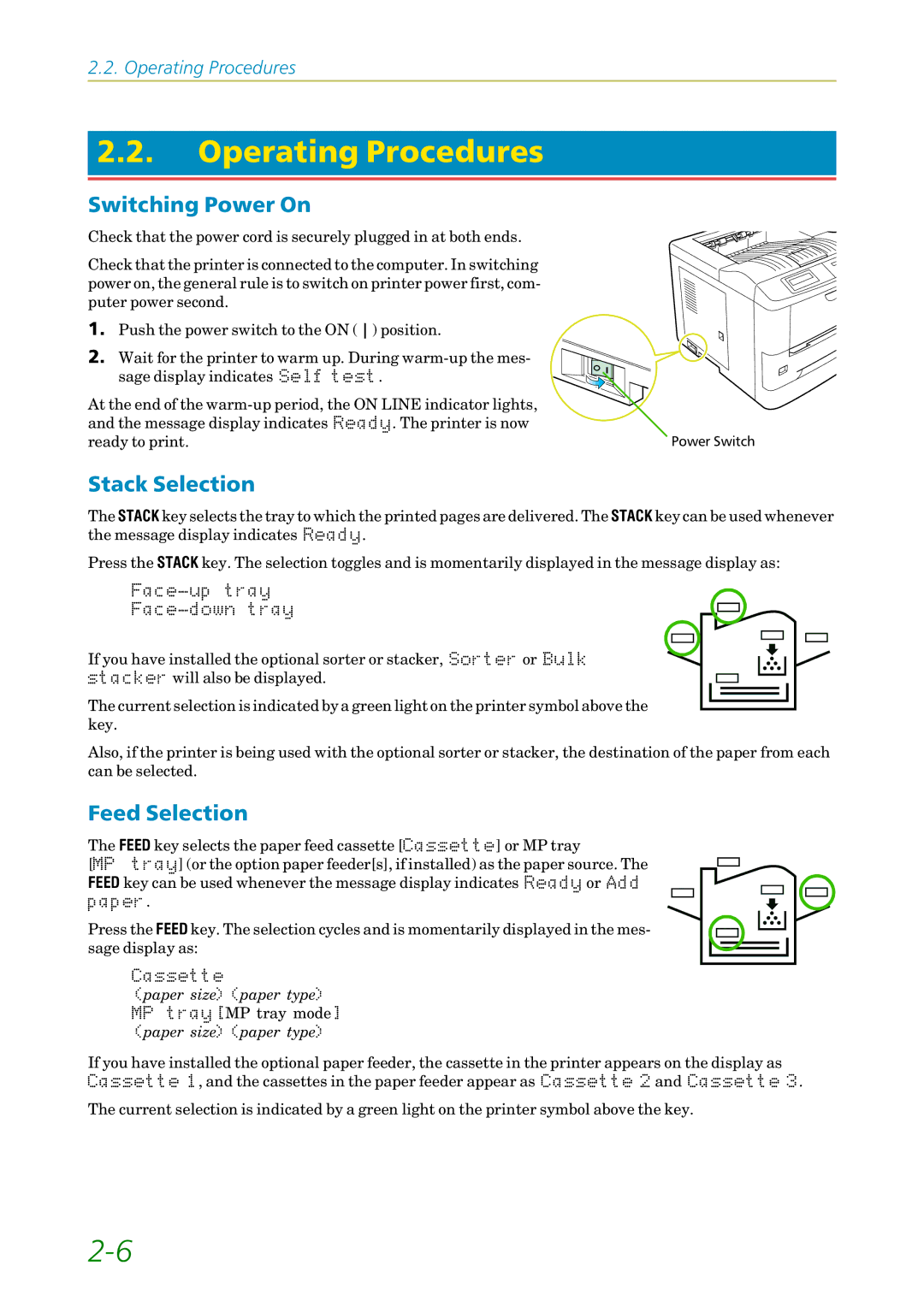 Kyocera FS-1200 manual Operating Procedures, Switching Power On, Stack Selection, Feed Selection 