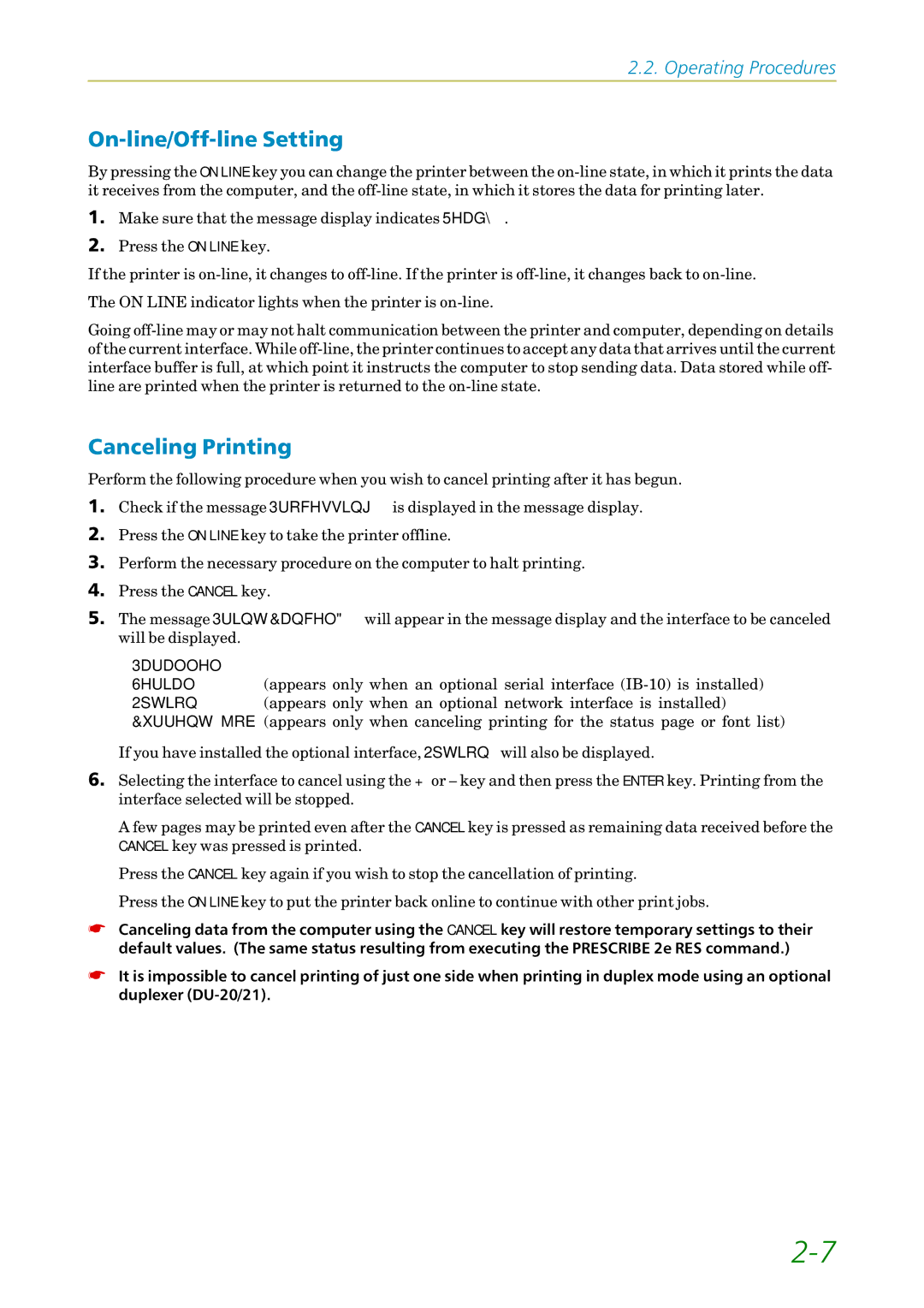 Kyocera FS-1200 manual On-line/Off-line Setting, Canceling Printing 